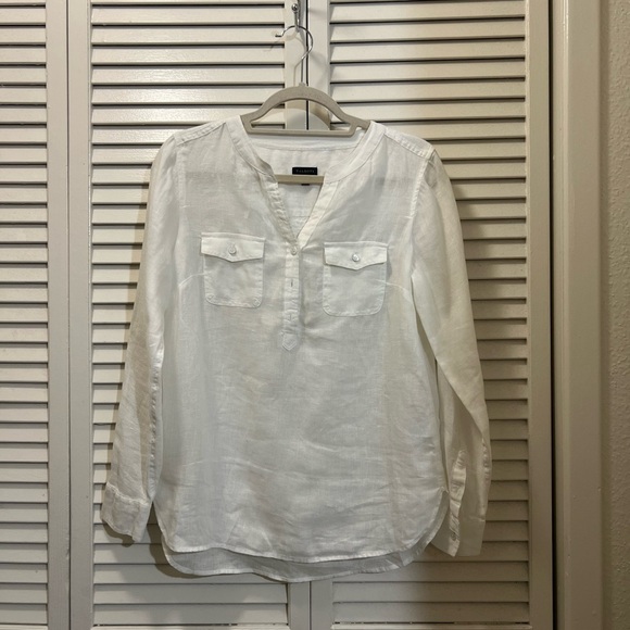 Talbots LINEN BAND COLLAR POPOVER - WHITE - Picture 3 of 7